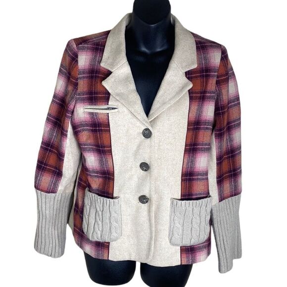 Sundance wool blend plaid mixed media preppy academia cardigan jacket  8p - Picture 1 of 7